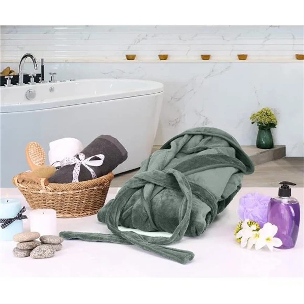 Women Fleece Hooded Bathrobe - Plush Long Robe, Gray